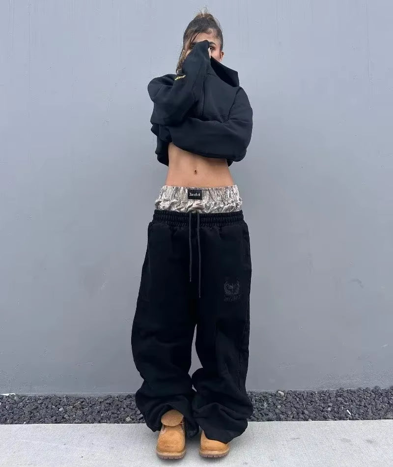 Y2K Pants Vintage Harajuku Double Embroidered Waist Sweatpants Men Wome Hip Hop Casual High Waisted Wide Leg Pants Streetwear