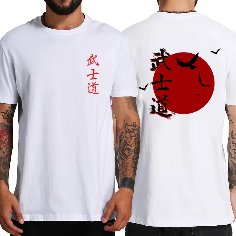 Japan Samurai Spirit T Shirts Men Japanese Style Back Print Oversized 100% Cotton Tops T-Shirt Bushido Male Gifts Tee Clothing